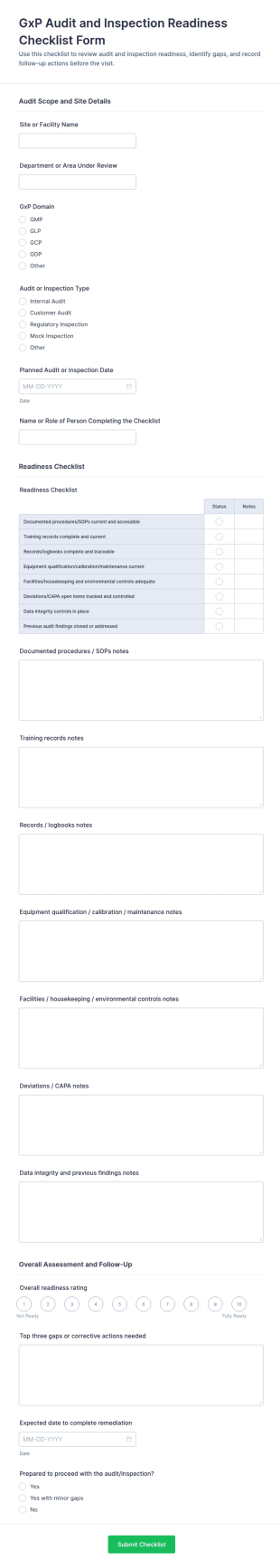 GxP Audit And Inspection Readiness Checklist Form Template