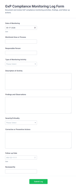 GxP Compliance Monitoring Log Form Template
