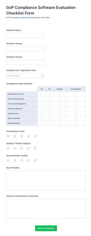GxP Compliance Software Evaluation Checklist Form Template