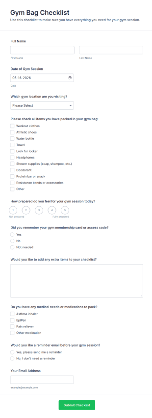 Gym Bag Checklist Form Template