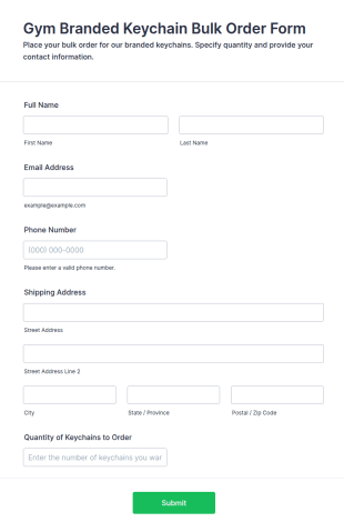 Gym Branded Keychain Bulk Order Form Template