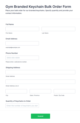 Gym Branded Keychain Bulk Order Form Template