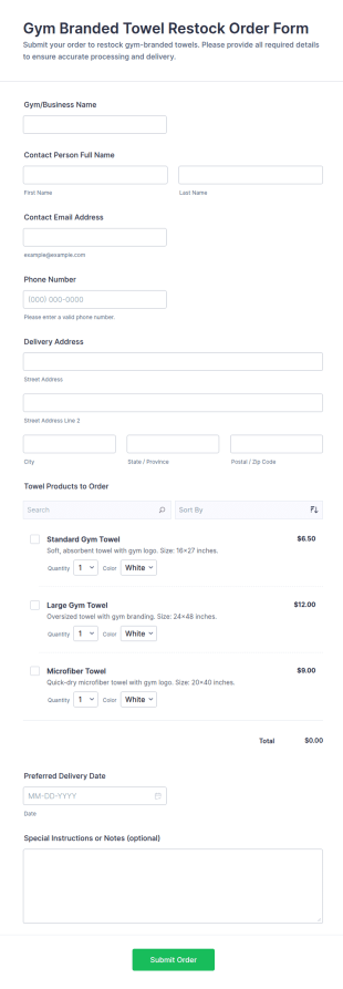 Gym Branded Towel Restock Order Form Template