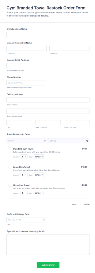 Gym Branded Towel Restock Order Form Template