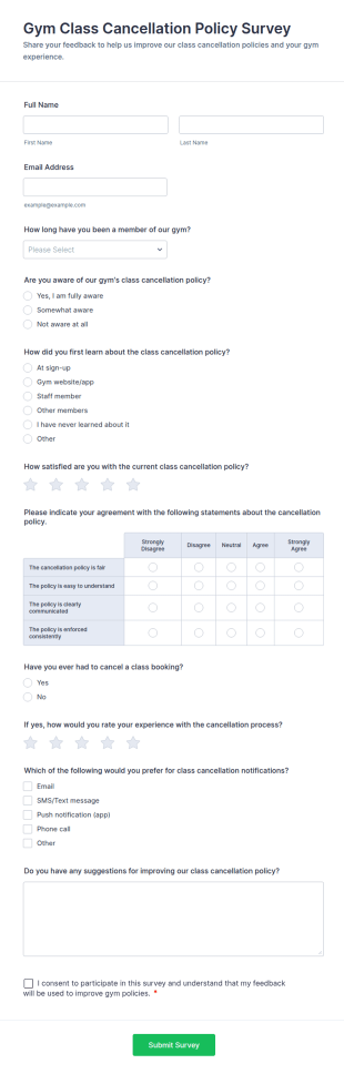 Gym Class Cancellation Policy Survey Form Template