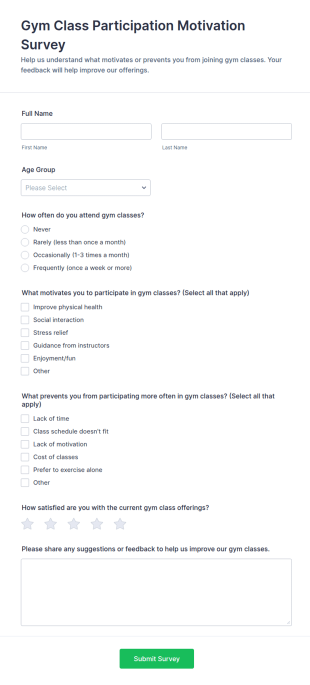 Gym Class Participation Motivation Survey Form Template