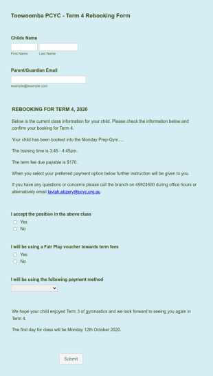 Gym Class Rebooking Form Template