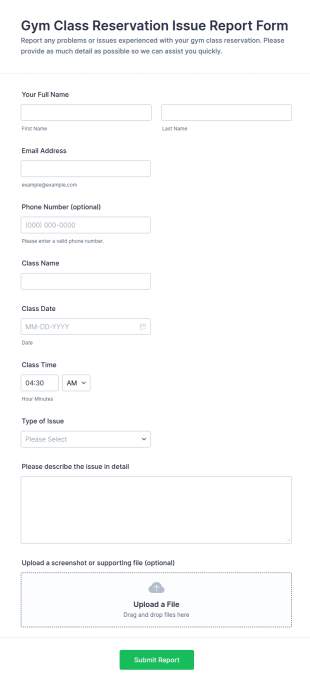 Gym Class Reservation Issue Report Form Template