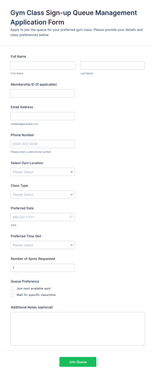 Gym Class Sign Up Queue Management Application Form Template