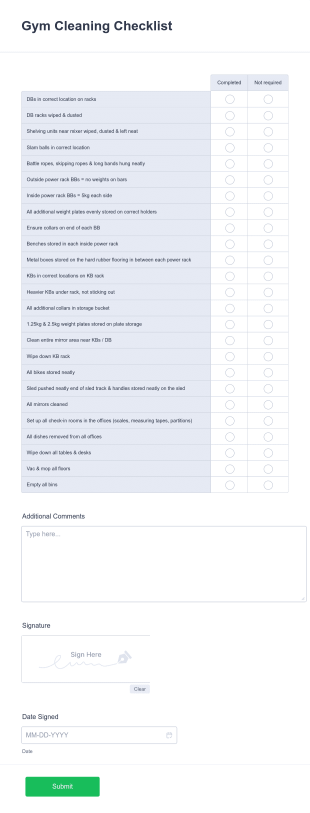 Gym Cleaning Checklist Form Template
