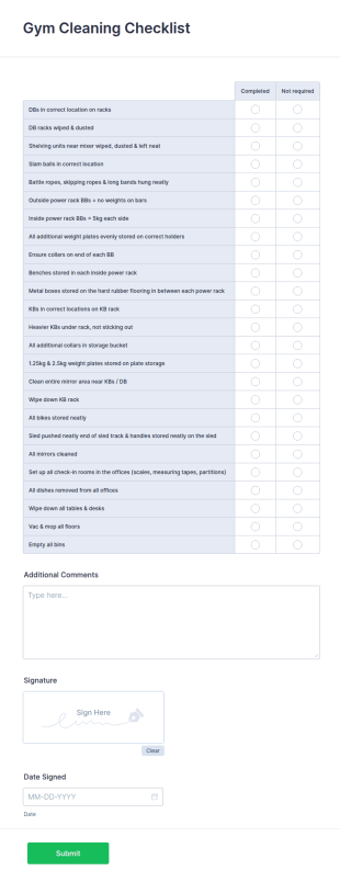 Gym Cleaning Checklist Form Template