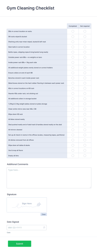 Gym Cleaning Checklist Form Template