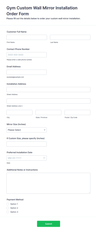 Gym Custom Wall Mirror Installation Order Form Template