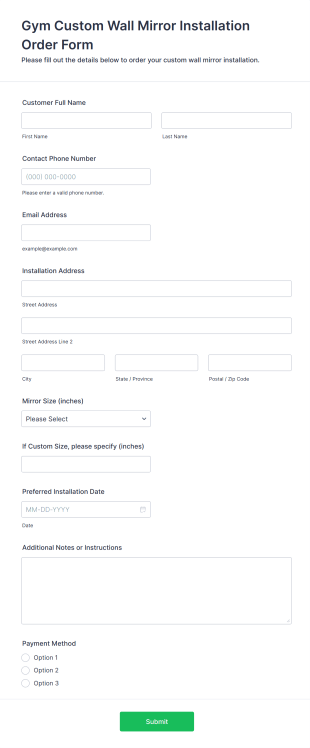 Gym Custom Wall Mirror Installation Order Form Template