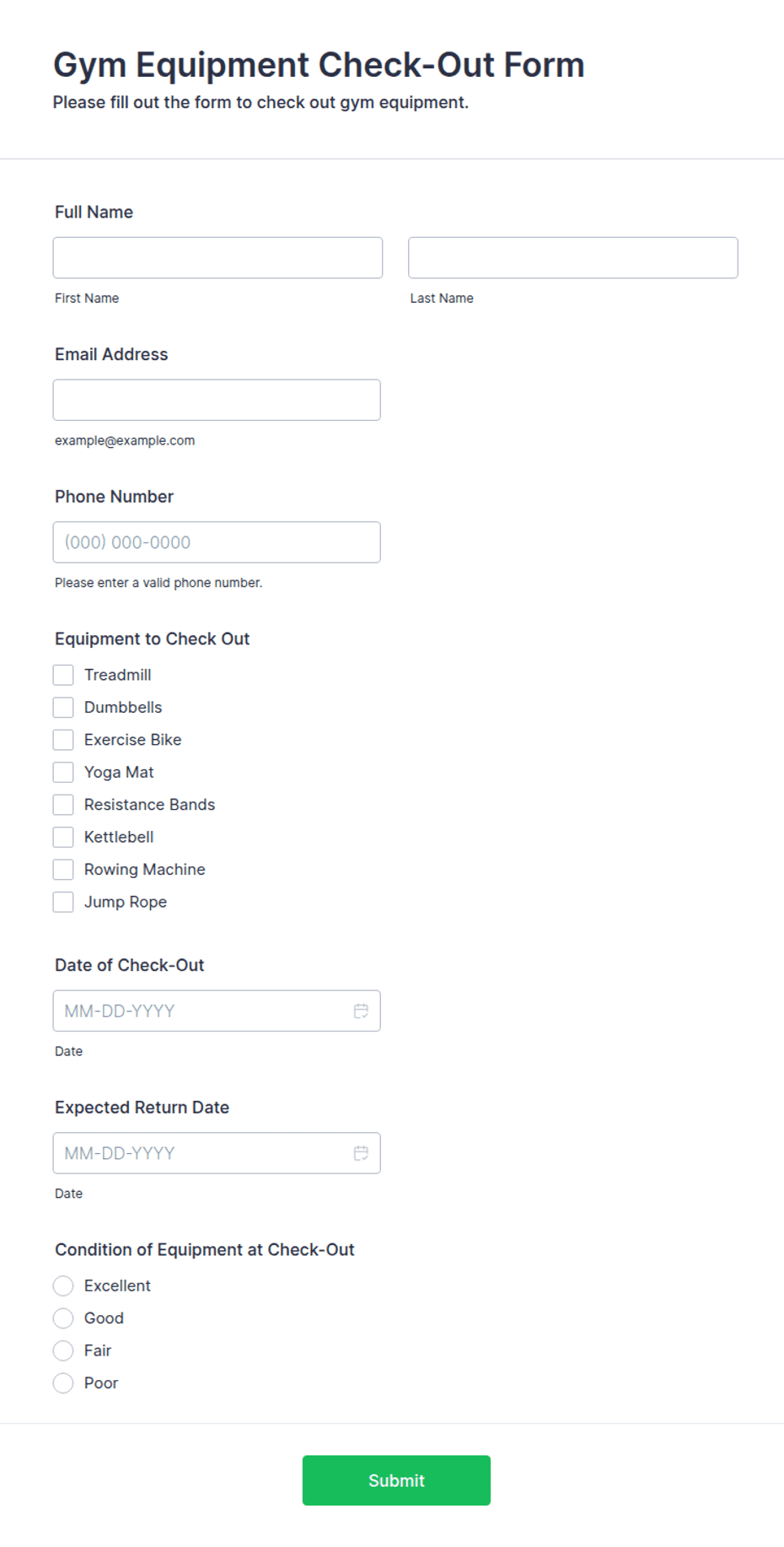 Equipment. Check Out Form.pdf Gym Equipment Check-Out Form Template | Jotform