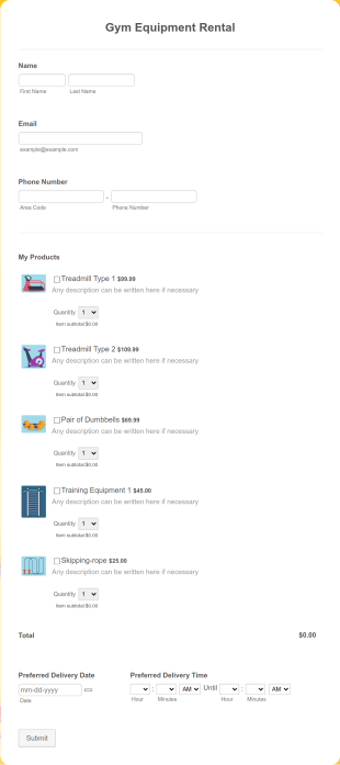 Gym Equipment Rental Form Template