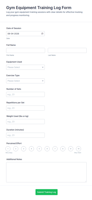 Gym Equipment Training Log Form Template