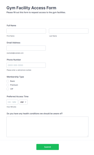 Gym Facility Access Form Form Template
