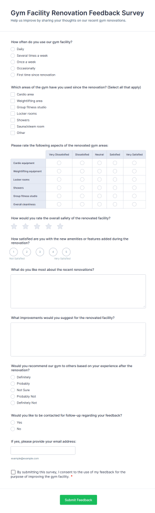 Gym Facility Renovation Feedback Survey Form Template