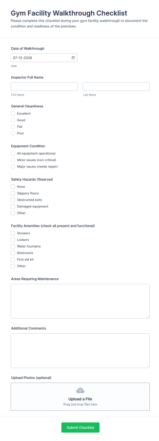 Gym Facility Walkthrough Checklist Form Template