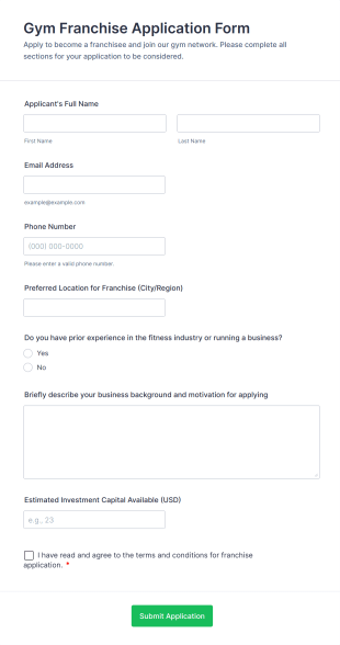 Gym Franchise Application Form Form Template