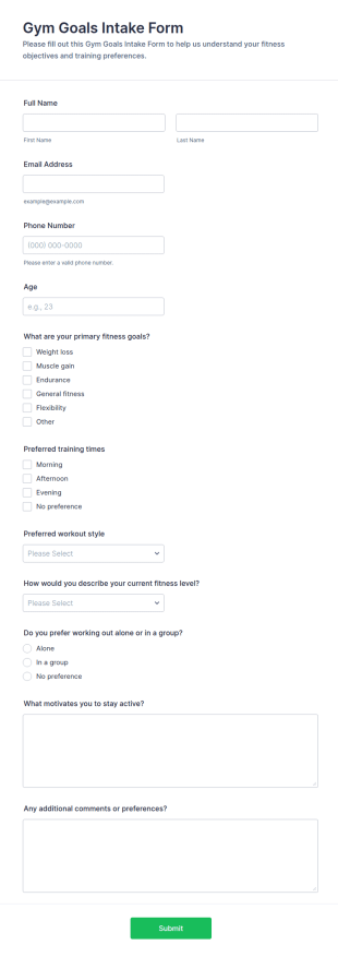 Gym Goals Intake Form Template