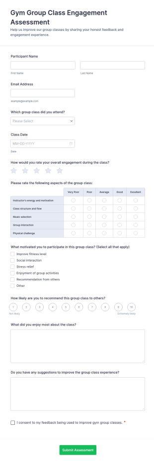 Gym Group Class Engagement Assessment Form Template