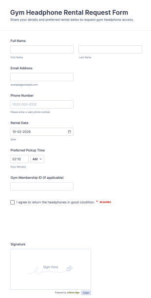Gym Headphone Rental Request Form Template