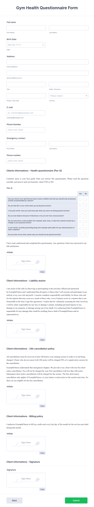 Gym Health Questionnaire Form Template