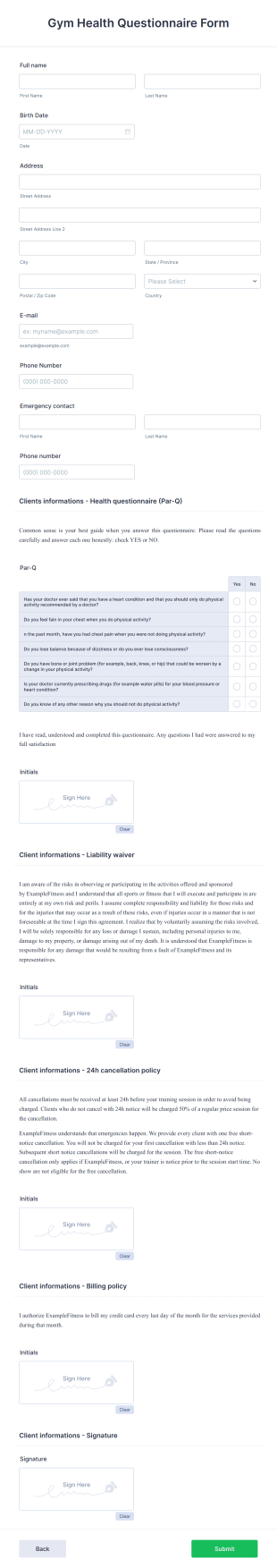 Gym Health Questionnaire Form Template