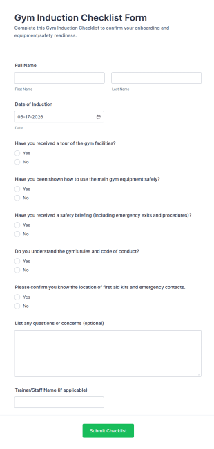 Gym Induction Checklist Form Template