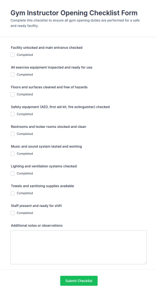 Gym Instructor Opening Checklist Form Template