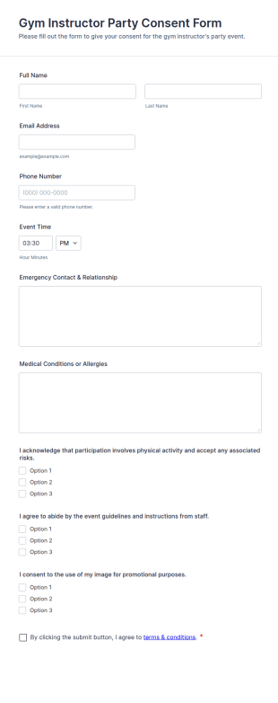 Gym Instructor Party Consent Form Template