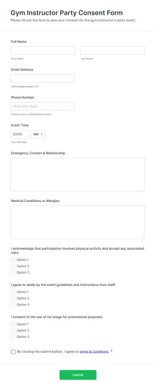 Gym Instructor Party Consent Form Template