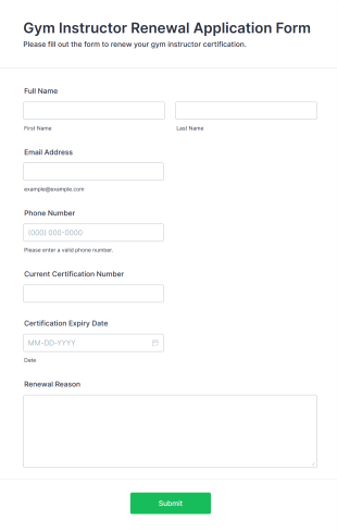 Gym Instructor Renewal Application Form Template