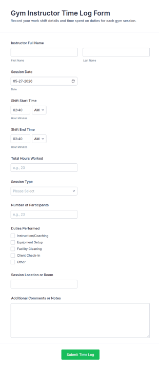 Gym Instructor Time Log Form Template