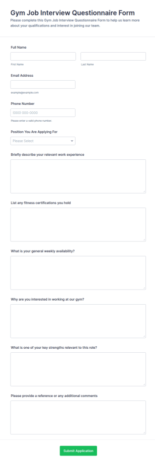 Gym Job Interview Questionnaire Form Template