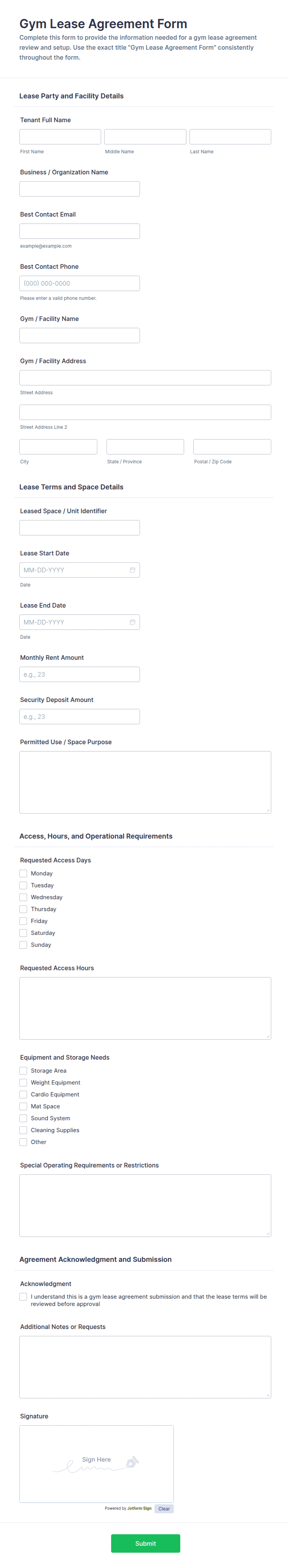 Gym Lease Agreement Form Template | Jotform
