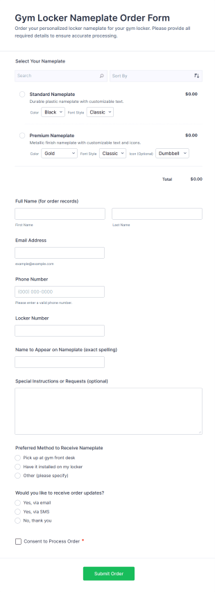 Gym Locker Nameplate Order Form Template