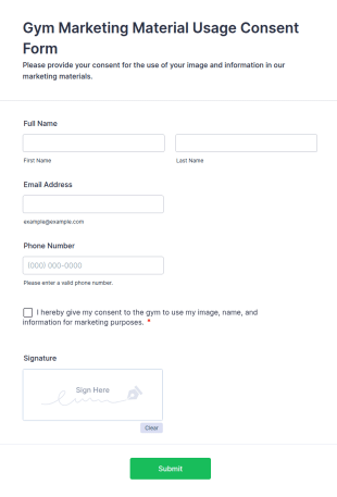 Gym Marketing Material Usage Consent Form Template