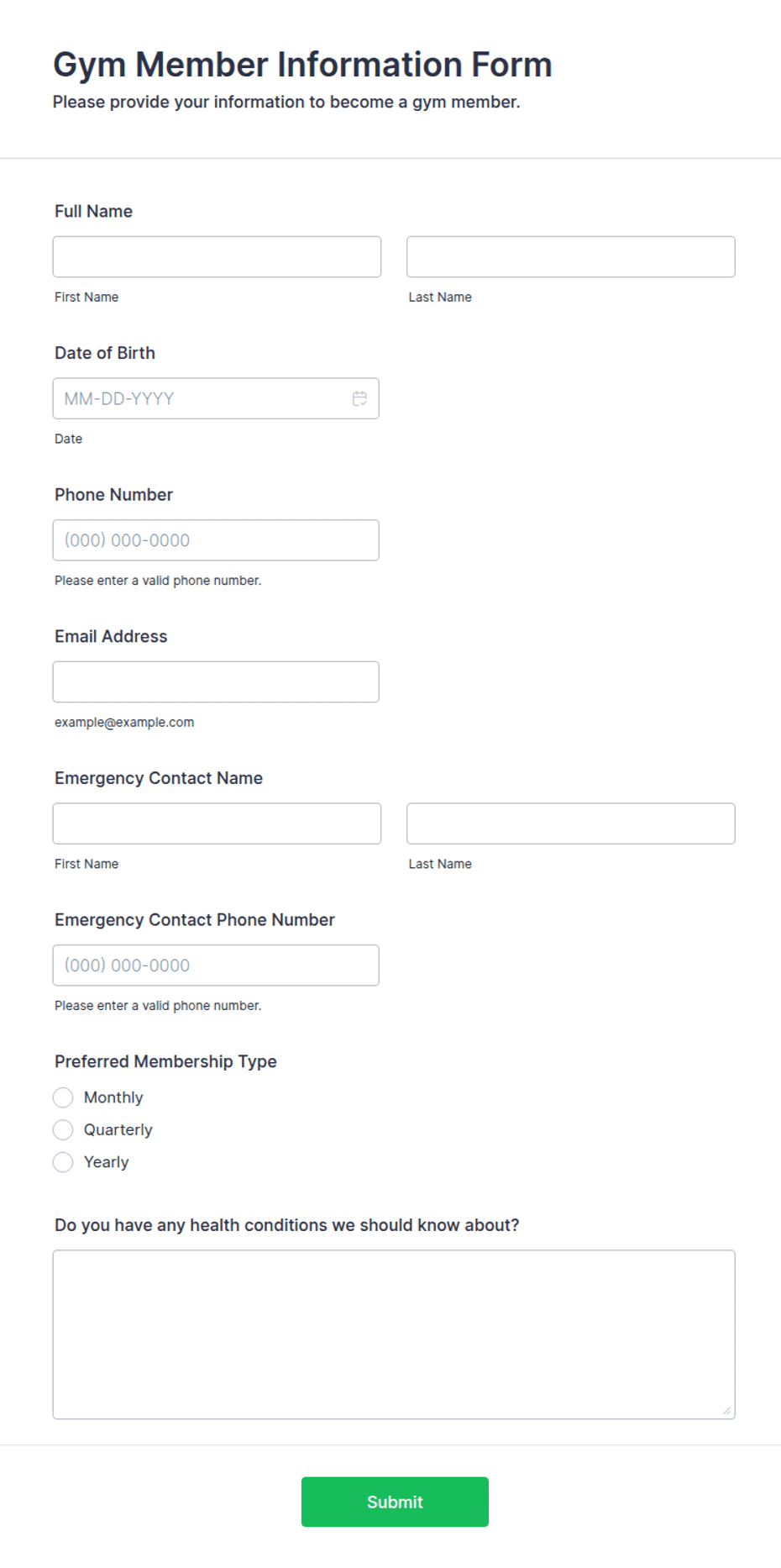 Gym Interview Form Gym Member Information Form Template | Jotform