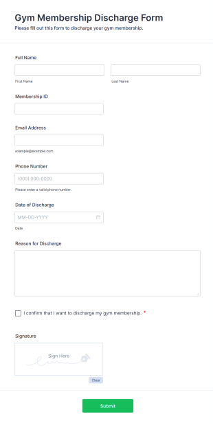 Gym Membership Discharge Form Template
