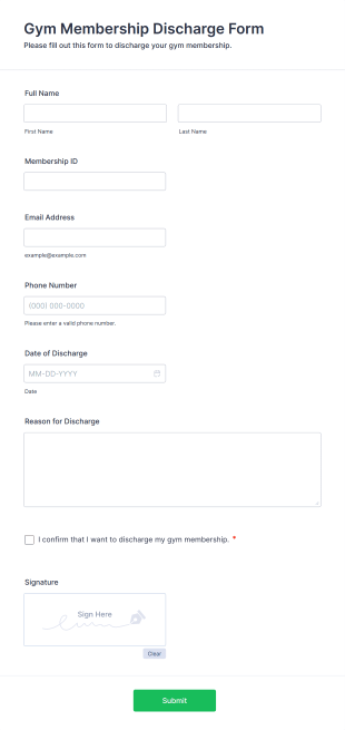 Gym Membership Discharge Form Form Template