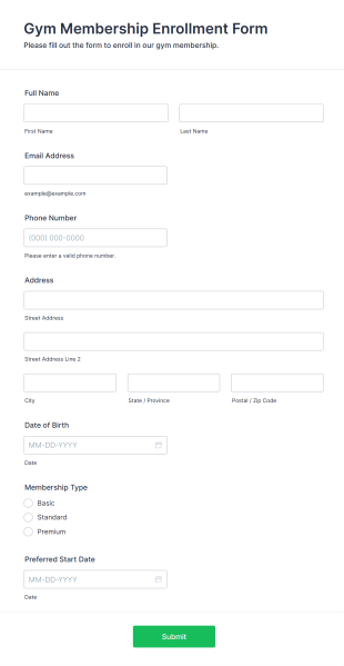 Gym Membership Enrollment Form Form Template