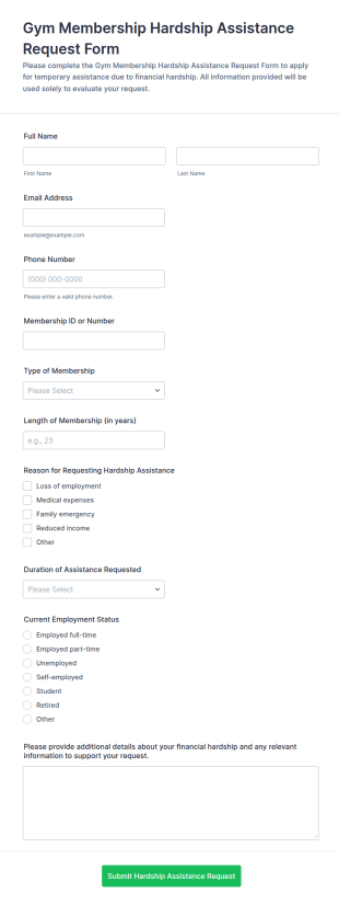 Gym Membership Hardship Assistance Request Form Template