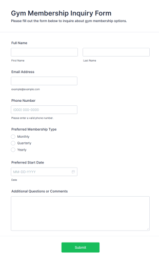 Gym Membership Inquiry Form Form Template