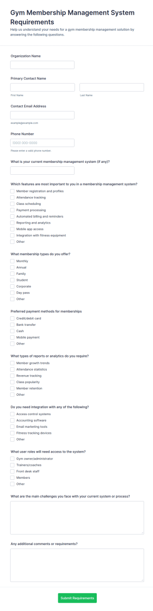 Gym Membership Management System Requirements Questionnaire Form Template
