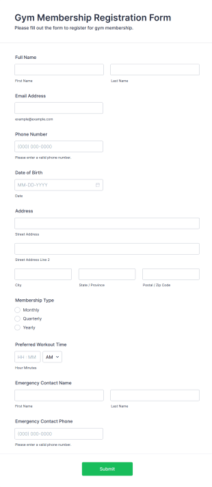 Gym Membership Registration Form Template