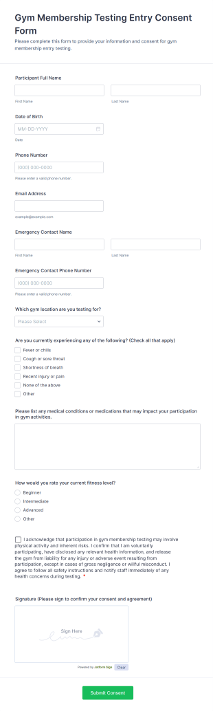 Gym Membership Testing Entry Consent Form Template