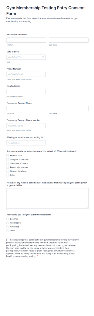 Gym Membership Testing Entry Consent Form Template